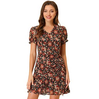 Women's Floral Puffy Sleeve V Neck Drawstring Ruched Ruffle Dress