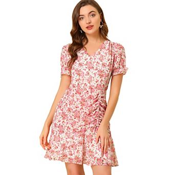 Women's Floral Puff Sleeve V Neck Drawstring Ruched Ruffle Dress