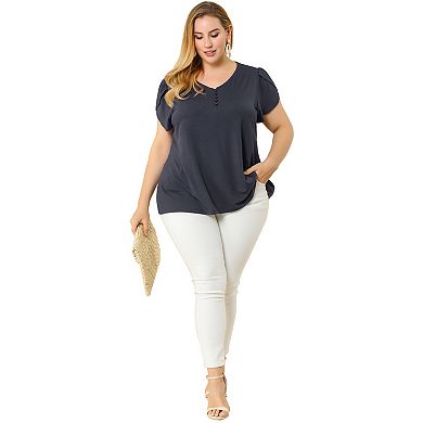 Women's Plus Size Work Formal Plain V Neck Tulip Sleeve Blouses