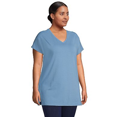 Plus Size Lands' End Short Sleeve Jersey Extra Long V-Neck Tunic Top