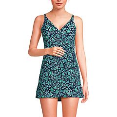 Women's Lands' End D-Cup UPF 50 Tummy Control Surplice One-Piece Swim Dress