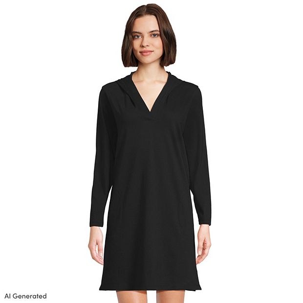 Women's Cotton Jersey Long Sleeve Hooded Swim Cover-up Dress - Lands' End - White - XS
