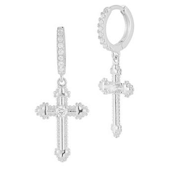 Sunkissed Sterling Cubic Zirconia Budded Cross Huggie Drop Earrings