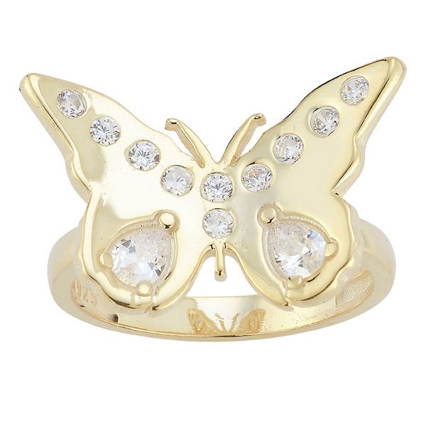Butterfly Ring With Cubic Zirconia - 14k Gold Over Sterling Silver Round Shape