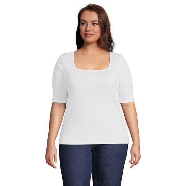 Plus Size Lands' End Elbow Sleeve 2x2 Rib Squareneck T-Shirt