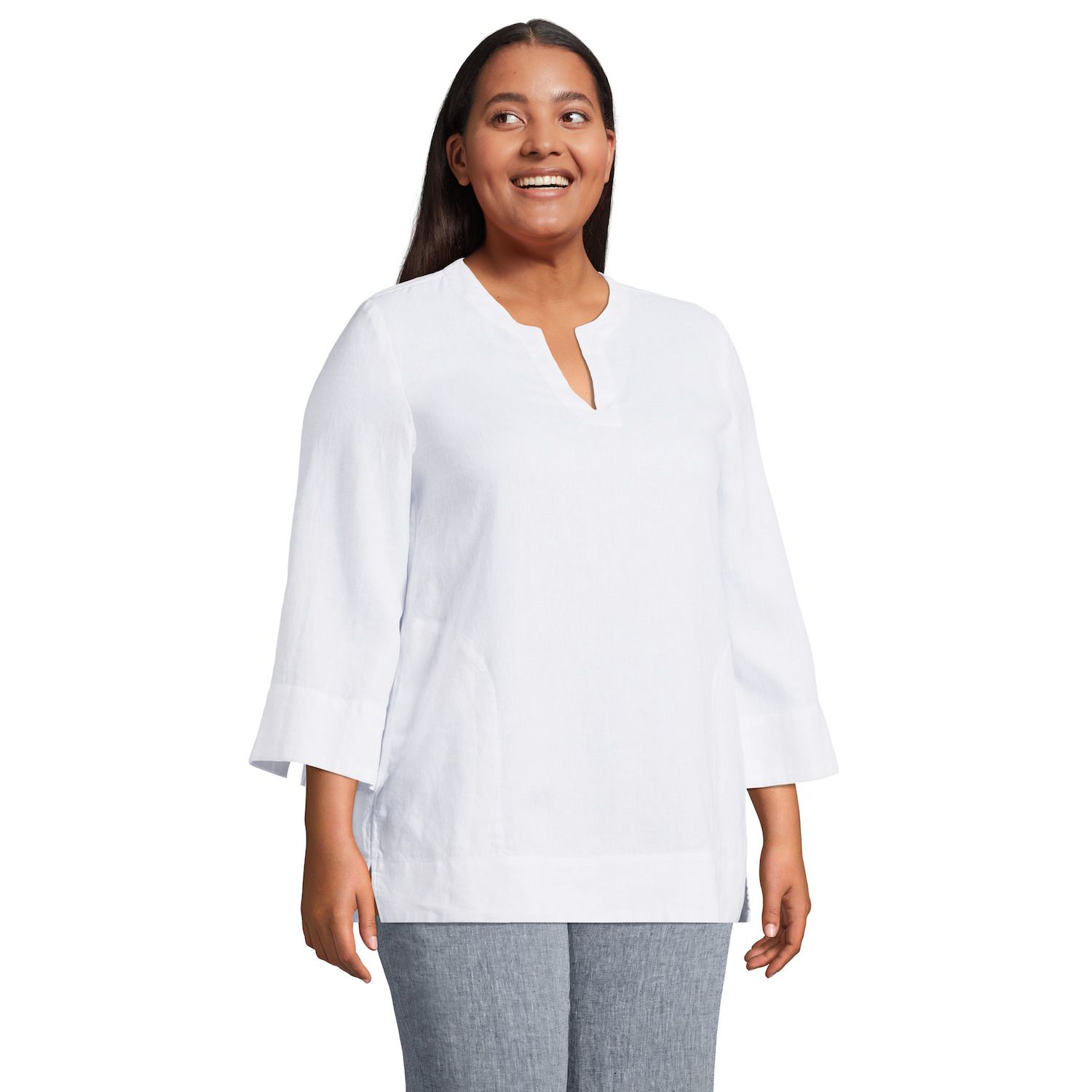 Plus Size Lands' End Linen Split Neck 3/4 Sleeve Tunic Top