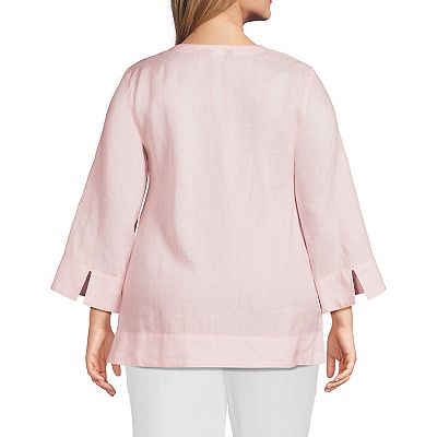 Plus Size Lands' End Linen Split Neck 3/4 Sleeve Tunic Top
