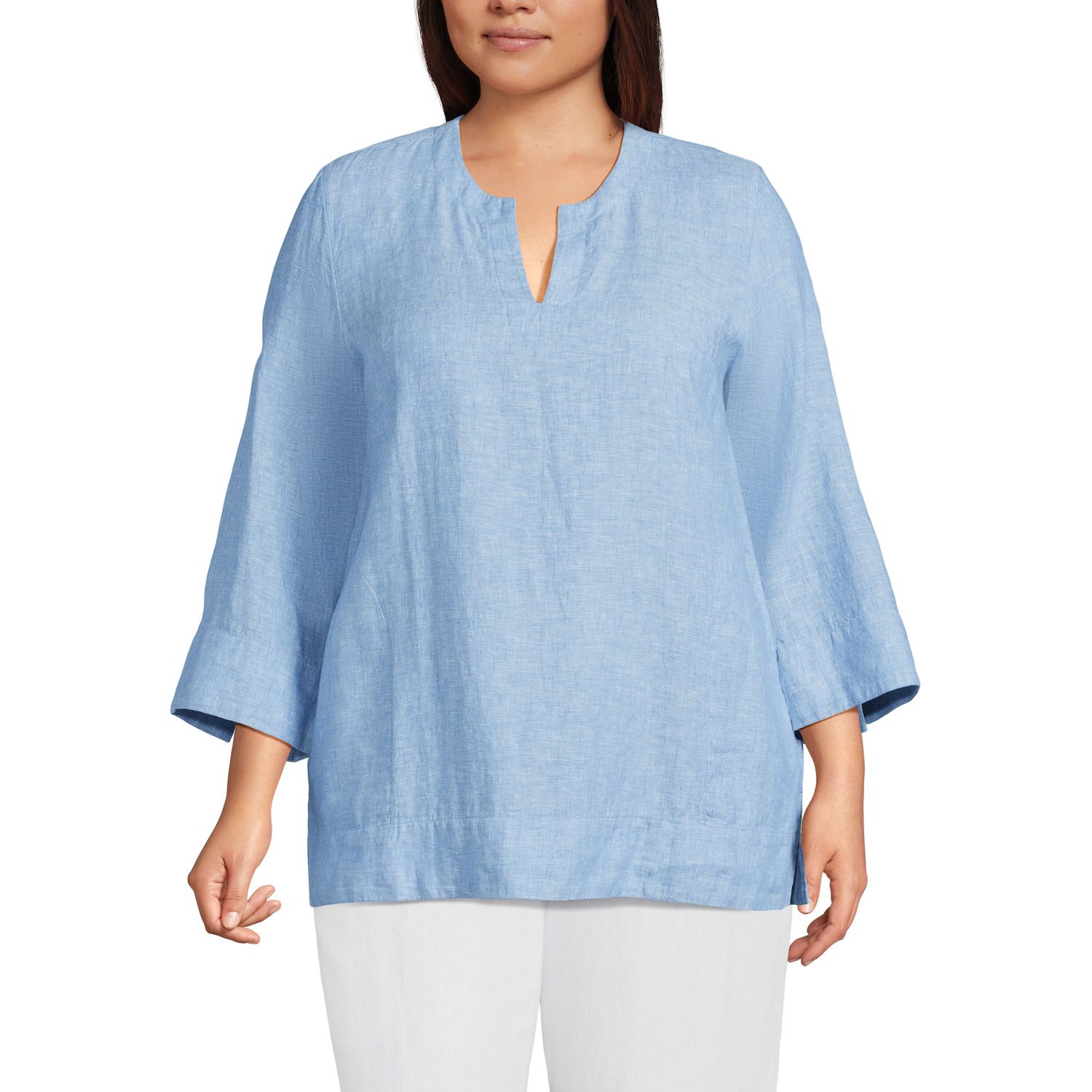 Plus Size Lands' End Linen Split Neck 3/4 Sleeve Tunic Top