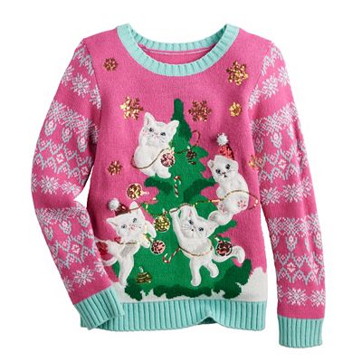 Girls 4 20 33 Degrees Long Sleeve Crewneck Naughty Cats Christmas Sweater in Regular Plus Size