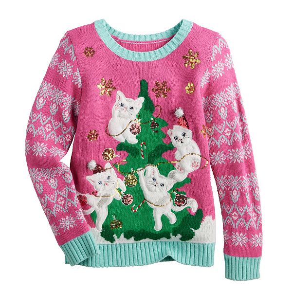 Girls 4-20 33 Degrees Long Sleeve Crewneck Naughty Cats Christmas Sweater  in Regular & Plus Size