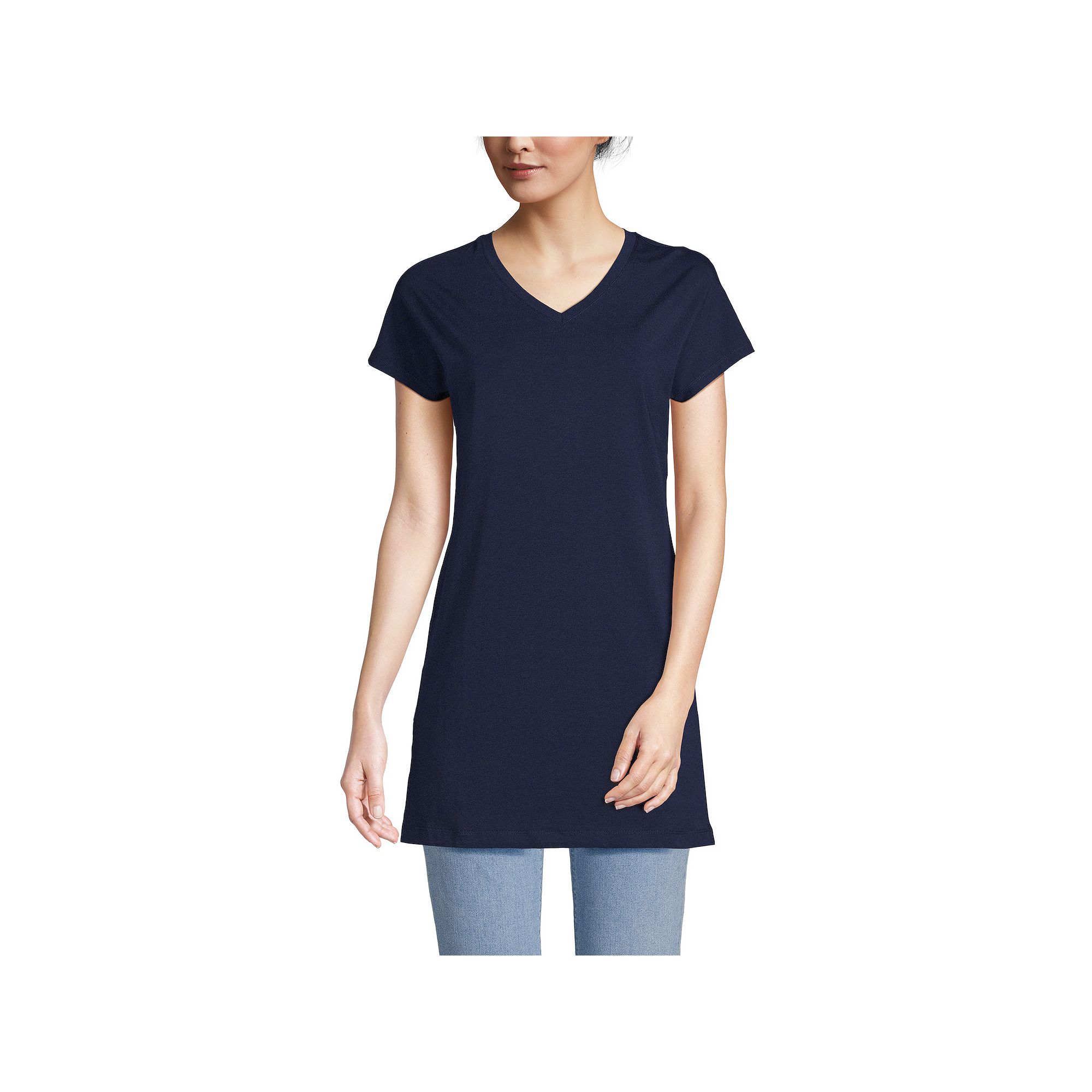 Petite Lands End Short Sleeve Jersey Extra Long V-Neck Tunic, Womens, Siz
