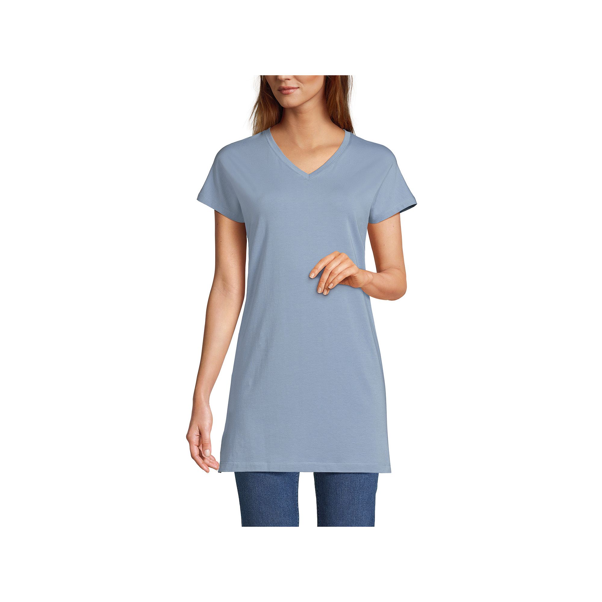 Petite Lands End Short Sleeve Jersey Extra Long V-Neck Tunic, Womens, Siz