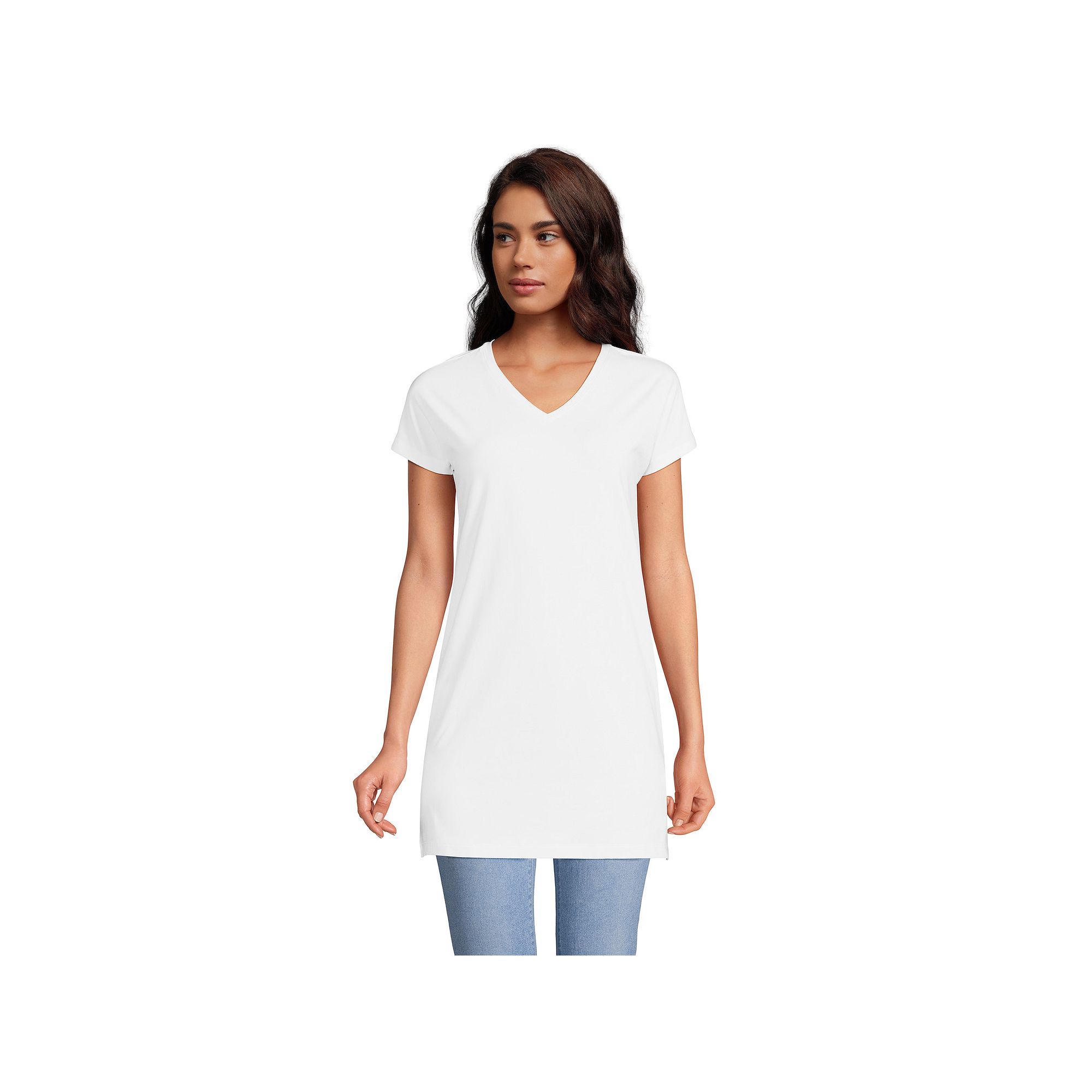 Petite Lands End Short Sleeve Jersey Extra Long V-Neck Tunic, Womens, Siz