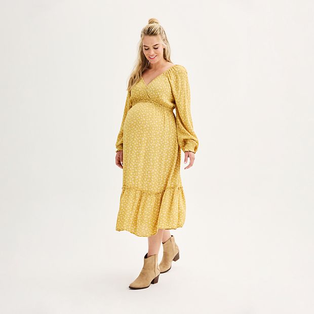 knee length dresses for ladies Gold Floral Button Front Long Sleeve Maternity Dress main image 1