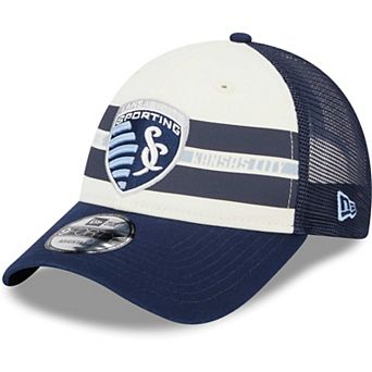 Men's New Era White/Navy Sporting Kansas City Team Stripes 9FORTY Trucker Snapback Hat