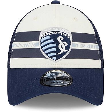 Men's New Era White/Navy Sporting Kansas City Team Stripes 9FORTY Trucker Snapback Hat