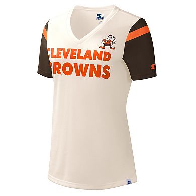 Women's Starter Cream Cleveland Browns Kick Start V-Neck T-Shirt