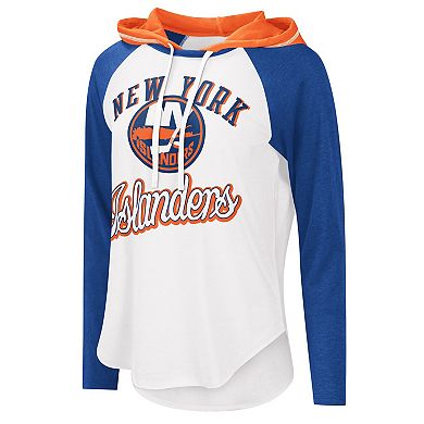 Women's G-III Sports by Carl Banks White/Royal New York Islanders MVP Raglan Hoodie T-Shirt