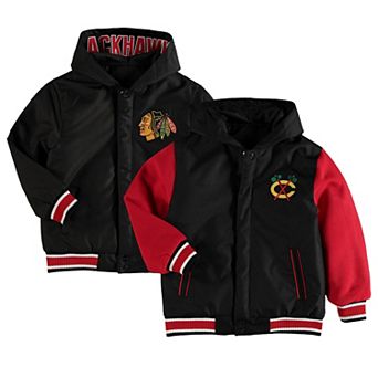 Youth JH Design Black/Red Chicago Blackhawks Fleece Nylon Reversible Hooded Jacket