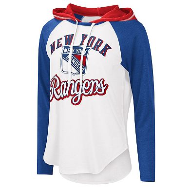Women's G-III Sports by Carl Banks White/Royal New York Rangers MVP Raglan Hoodie T-Shirt