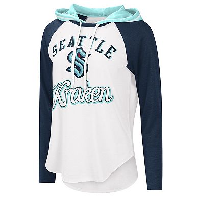 Women's Starter White/Deep Sea Blue Seattle Kraken MVP Raglan Hoodie T-Shirt