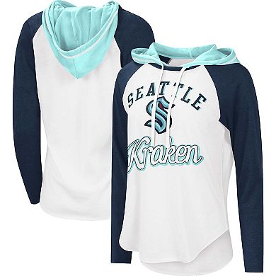Women's Starter White/Deep Sea Blue Seattle Kraken MVP Raglan Hoodie T-Shirt