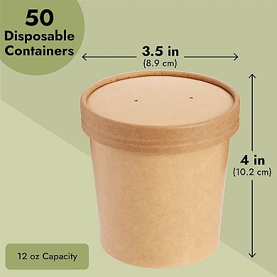 50 Pack 12 oz To Go Soup Containers with Lids, Disposable Paper Bowls (Brown)