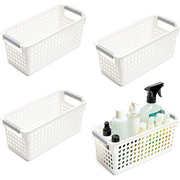 Farmlyn Creek Plastic Storage Baskets, White Nesting Bin Containers with Grey Handles (4 Pack)