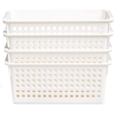 Farmlyn Creek Plastic Storage Baskets, White Nesting Bin Containers with Grey Handles (4 Pack)