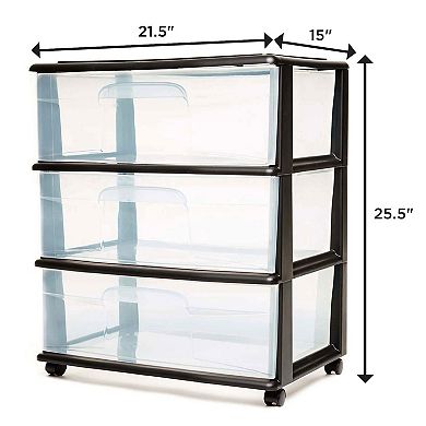 Homz Tall Solid Plastic 3 Drawer Medium Storage Cart With Wheels, Black (2 Pack)