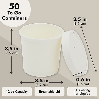12 oz To Go Soup Containers with Lids, Disposable Paper Bowls (50 Pack, White)
