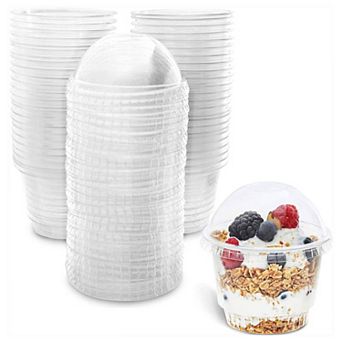 50 Pack Clear 8 oz Plastic Cups with Lids for Banana Pudding, Ice Cream Sundae, Parfait