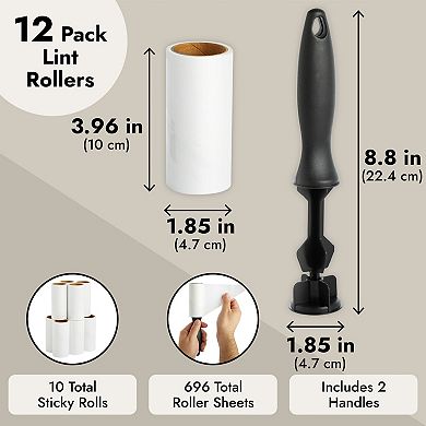 12 Pk Lint Roller for Clothes with 696 Sheets, 2 Handles, 10 Sticky Roll Refills