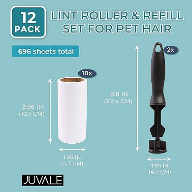12 Pack Lint Roller for Clothes with 10 Sticky Roll Refills, 2 Travel Size Handles for Pet Hair Removal (696 Sheets)