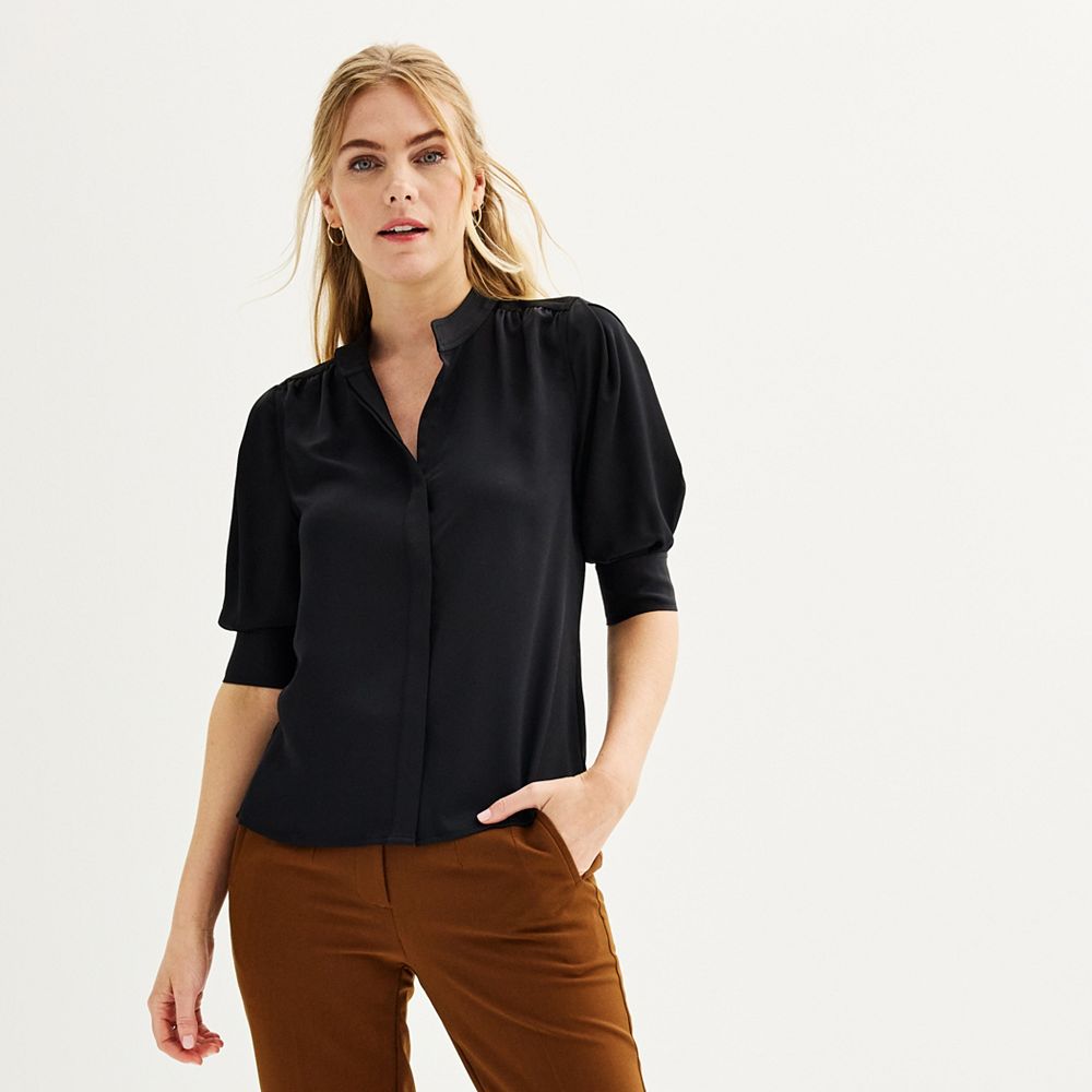 売れ筋商品|||ダナ キャラン ニューヨーク カットソー トップス レディース Women's Elbow-Sleeve Button-Front Shirt Indigo Tankaneo Womens Button Down Cropped Shirts Long Sleeve