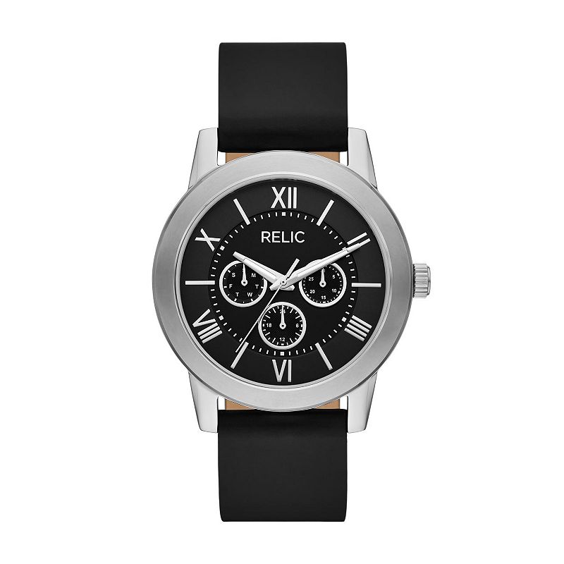 Relic by Fossil Men's Isaac Silver & Black Leather Multifunction Watch, Size: Medium