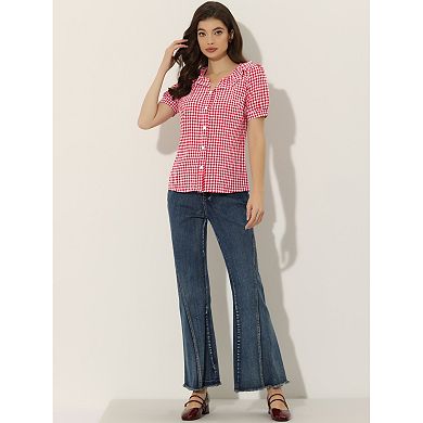 Women's Peter Pan Collar Short Sleeve Ruffle Plaid Shirt Top