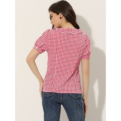 Women's Peter Pan Collar Short Sleeve Ruffle Plaid Shirt Top