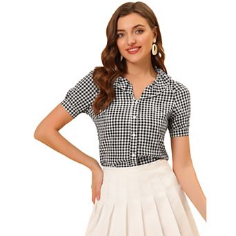 Women's Peter Pan Collar Short Sleeve Ruffle Plaid Shirt Top
