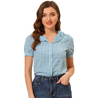 Women's Peter Pan Collar Short Sleeve Ruffle Plaid Shirt Top