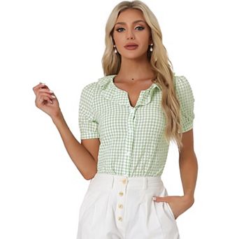 Women's Peter Pan Collar Short Sleeve Ruffle Plaid Shirt Top