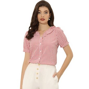 Women's Peter Pan Collar Short Sleeve Ruffle Plaid Shirt Top