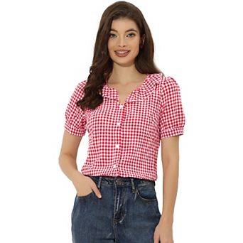 Women's Peter Pan Collar Short Sleeve Ruffle Plaid Shirt Top