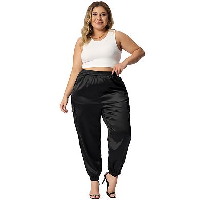 Plus Size Cargo Pants for Women Elastic Waist Athleisure Ankle Length Satin Joggers