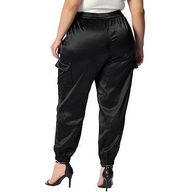Plus Size Cargo Pants for Women Elastic Waist Athleisure Ankle Length Satin Joggers