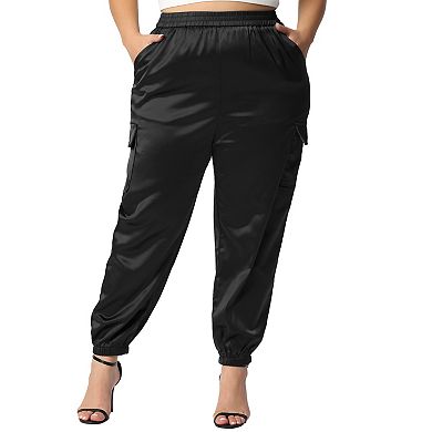 Plus Size Cargo Pants for Women Elastic Waist Athleisure Ankle Length Satin Joggers