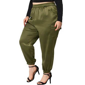 Plus Size Cargo Pants for Women Elastic Waist Athleisure Ankle Length Satin Joggers