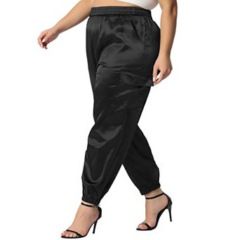Plus Size Cargo Pants for Women Elastic Waist Athleisure Ankle Length Satin Joggers