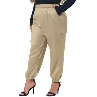 Plus Size Cargo Pants for Women Elastic Waist Athleisure Ankle Length Satin Joggers