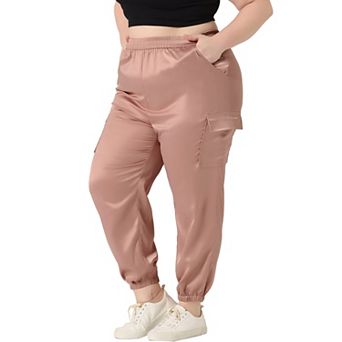 Plus Size Cargo Pants for Women Elastic Waist Athleisure Ankle Length Satin Joggers